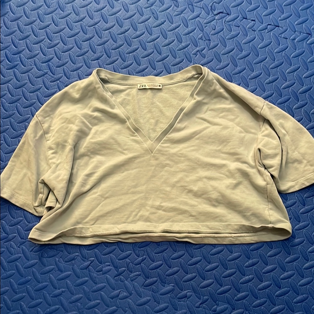 Zara Tan Crop Relaxed Short Sleeve Tee
